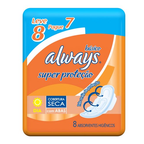 ABSORVENTE COM ABAS SECA ALWAYS SUPER PROTECAO PACOTE LEVE 8 PAGUE 7 UNIDADES