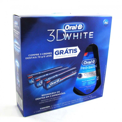 Kit Oral-B 3 Cremes Dentais 3D White + Grátis Enxaguante Clinical Pro-Saúde